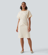 Boat Neck Short Sleeve Midi Work Linen-Blend Dress