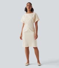 Boat Neck Short Sleeve Midi Work Linen-Blend Dress