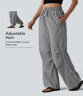 Mid Rise Drawstring Baggy Gingham Casual Pants with Pockets