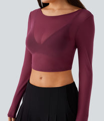Boat Neck Long Sleeve Sheer Mesh Cropped Top