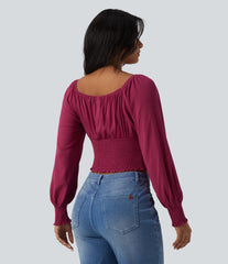 Square Neck Puff Sleeve Shirred Casual Blouse