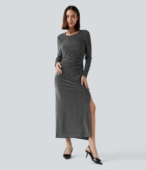 Tie Back Cut-out Long Sleeve Split Hem Midi Sparkle Party Dress