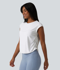 SoftlyZero™ QuickDry Round Neck Cap Sleeve Ruched Curved Hem Yoga Sports Top