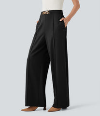 High Waisted Metal Chain Straight Leg Work Pants with Pockets