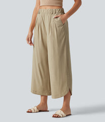 High Waisted Wide Leg Curved Hem Cropped Casual Stretch Linen Pants with Pockets