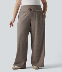 Plus Size Ribbed Knit High Waisted Tummy Control Drawstring Wide Leg Casual Pants with Pockets