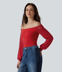 SoftlyZero™ Airy Off-Shoulder Long Sleeve Breathable Mesh Built-in Bra InstantCool Casual T-Shirt-UPF50+