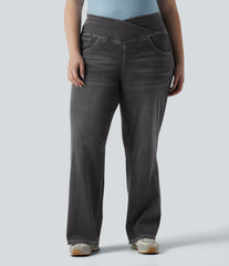 Halara Flex™ Crossover High Waisted Tummy Control Casual Straight Leg Plus Size Jeans with Pockets