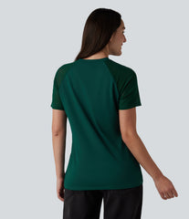 Round Neck Raglan Short Sleeve Contrast Mesh Casual Blouse