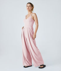 V-Neck Backless Invisible Zipper 2-in-1 Casual Slip Baggy Jumpsuit with Pockets