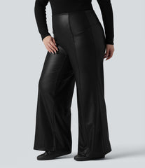 High Waisted Tummy Control Stretchy PU Fleece Casual Plus Size Flare Pants with Pockets