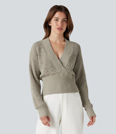 V-neck Long Sleeve Hollow Out Work Sweater