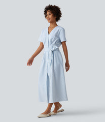 V Neck Short Sleeve Belted Stripe Midi Work Shirt Dress