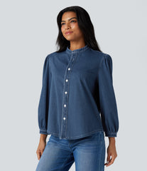 Halara Flex™ Stand Collar Puff 3/4 Sleeve Denim Casual Shirt
