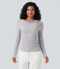 Ribbed Knit Cowl Neck Long Sleeve Ruched Casual Top