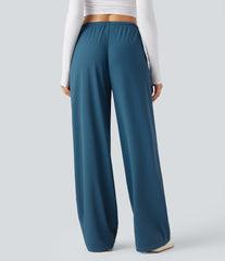 Mid Rise Drawstring Straight Leg Waffle Knit Yoga Pants with Pockets