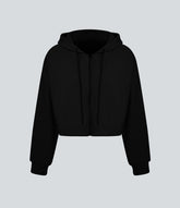 Waffle Hooded Drawstring Zipper Cropped Casual Cotton Sports Sweatshirt