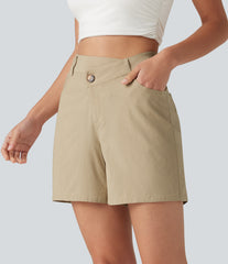 High Waisted Crossover Casual Stretch Linen Shorts 5'' with Pockets