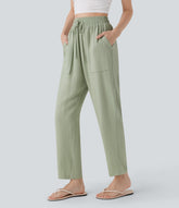 High Waisted Drawstring Casual Tapered Linen-Feel Pants with Pockets