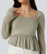 Square Neck Long Sleeve Ruffle Hem Casual T-Shirt