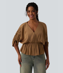 V neck Drawstring Batwing Sleeve Casual Blouse