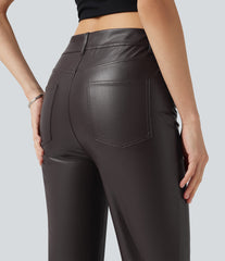 Mid Rise Stretchy PU Bootcut Casual Pants with Pockets
