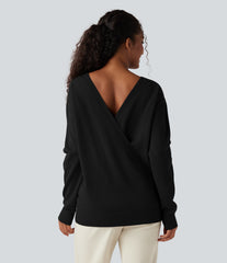 Crossover V Neck Long Sleeve Casual Sweater-Front and Back Wearable
