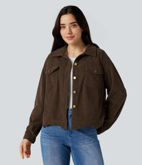 Long Sleeve Button Fly Corduroy Casual Shacket Jacket with Pockets