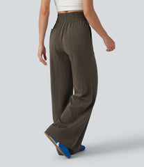 High Waisted Flare Casual Linen-Feel Pants with Pockets