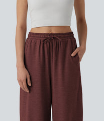 High Waisted Drawstring Wide Leg Color Block Casual Pants with Pockets