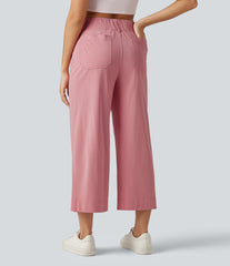 High Waisted Wide Leg Cropped Casual Stretch Linen Pants with Pockets