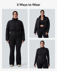 PuffFlex Plus Size 3-in-1 Stand Collar Casual Cropped Puffer Coat & Thumb Holes Curved Hem Jacket with Pockets