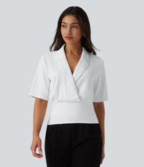 SoftlyZero™ Lapel Short Sleeve Cinched Waist Work Top-UPF50+