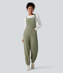 Ribbed Knit Adjustable Straps Casual Joggers Overalls with Pockets