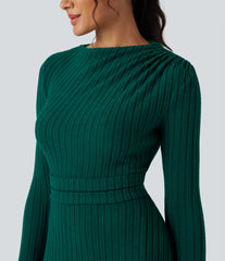 Ribbed Knit Long Sleeve Midi Casual Dress with Pockets