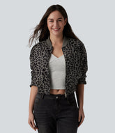Long Sleeve Leopard Print Bomber Jacket with Pockets