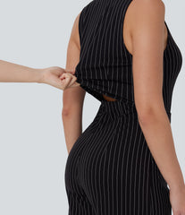 V Neck Sleeveless Belted Stripe InstantCool Work Jumpsuit with Pockets-Easy Peezy