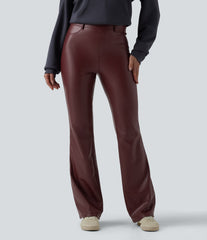 High Waisted Stretchy PU Fleece Casual Flare Pants with Pockets