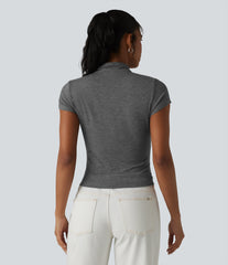 Mock-neck Short Sleeve Ruched Casual T-Shirt