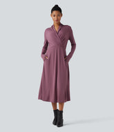 V-neck Long Sleeve Midi Work Dress with Pockets