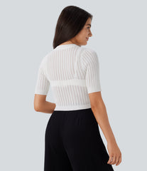 Round Neck Short Sleeve Cut Out Work Sweater