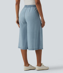 High Waisted Wide Leg Capri Casual Jeans with Pockets