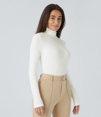 Ribbed Knit High Neck Long Sleeve Work Bodysuit