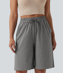 High Waisted Drawstring Casual Bermuda Shorts 9.5'' with Pockets