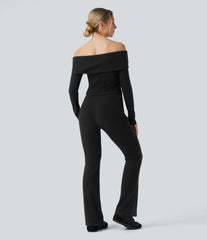 Ribbed Knit Foldover Off Shoulder Long Sleeve Bootcut Casual Jumpsuit with Pockets-Easy Peezy Edition