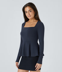 Square Neck Long Sleeve Ruffle Hem Work Top