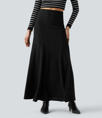 Ribbed Knit High-waisted Maxi Casual A-line Skirt