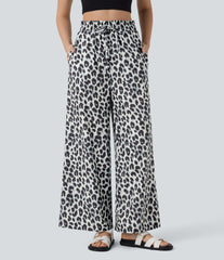 High Waisted Drawstring Pocket Leopard Print Wide Leg Baggy Casual Pants