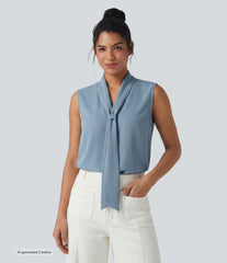Wrinkle-Resistant V Neck Sleeveless Relaxed Work Tie Blouse