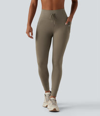 High Waisted Drawstring Plain Yoga 7/8 Leggings with Pockets